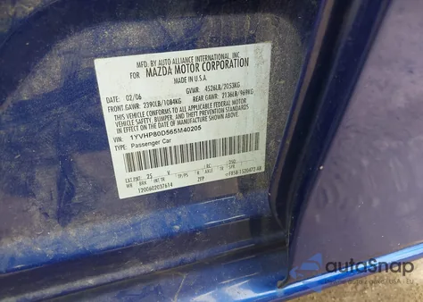 2006 Mazda 6 S из США, поврежденный, VIN 1YVHP80D565M40205